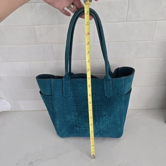 B.May Medium Pocket Tote Embossed Gator Suede Leather Teal Blue Shoulder Bag - Picture 2 of 9
